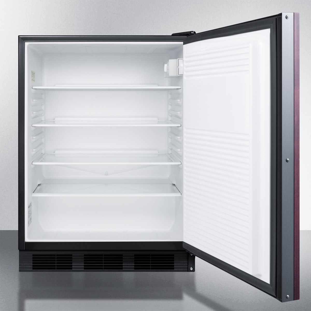 ADA compliant built-in undercounter all-refrigerator for general purpose use, auto defrost w/integrated door frame for custom overlay panels and black cabinet